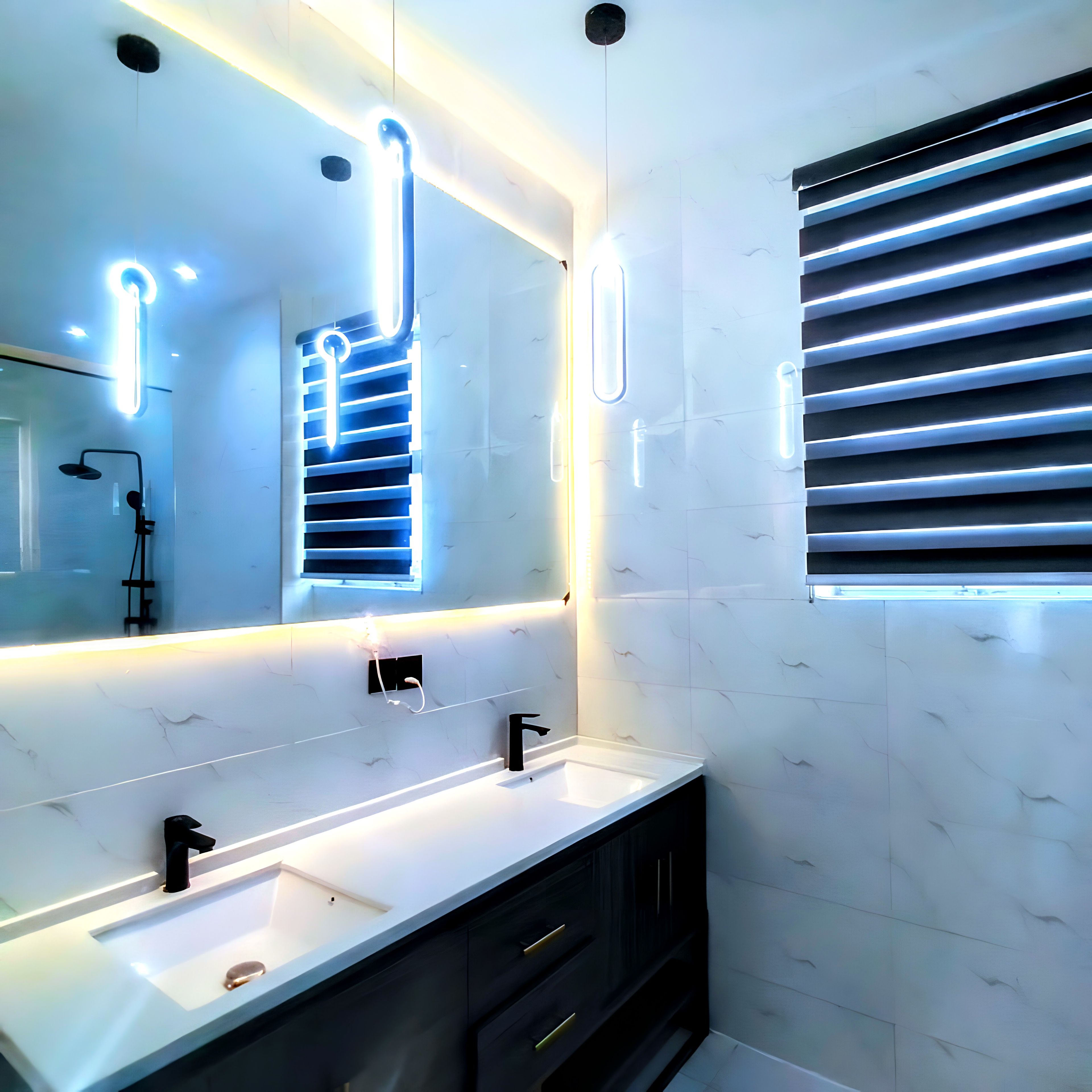 A modern bathroom with a large mirror, two sinks, and a vanity with drawers.
