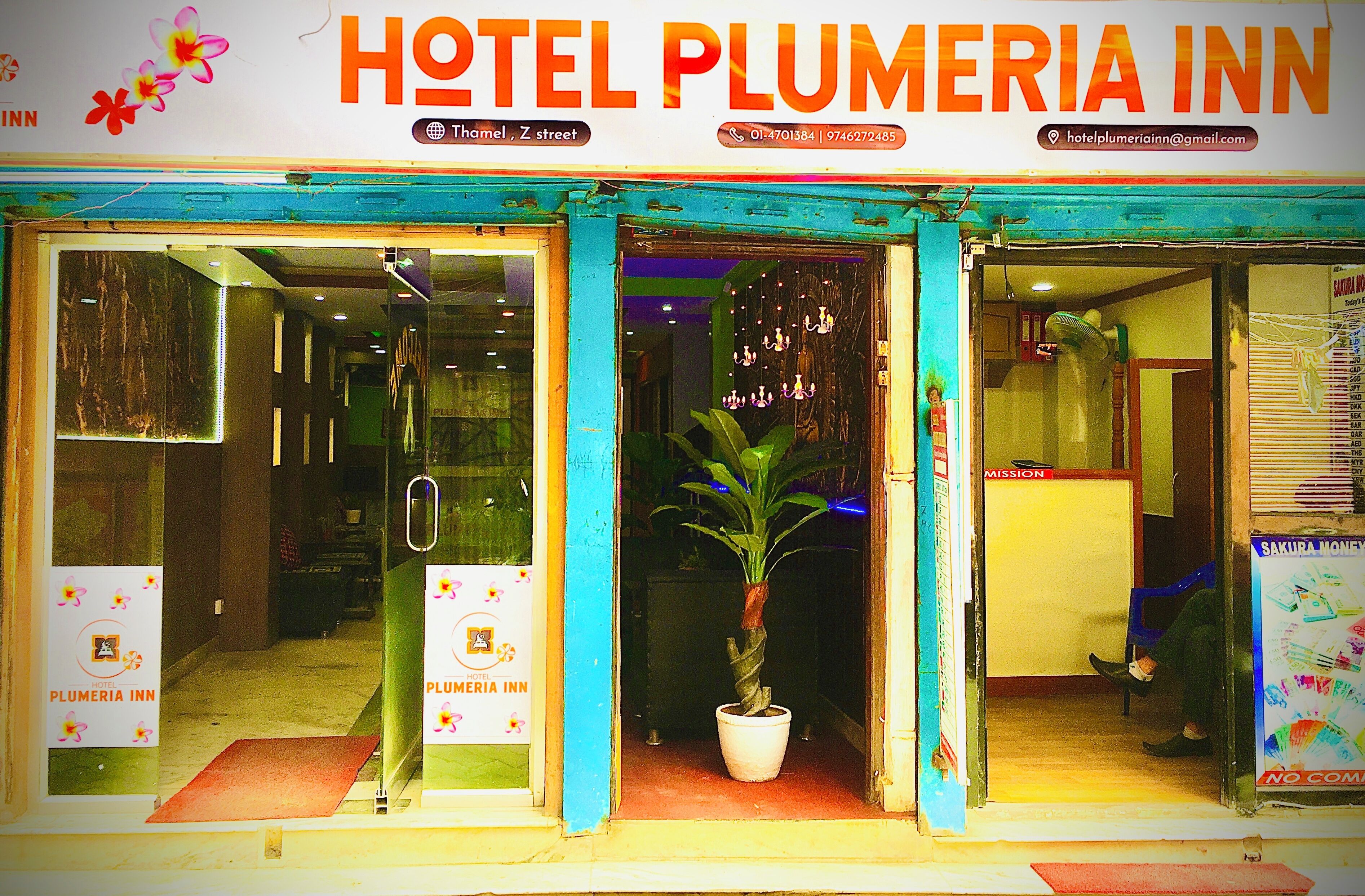 The entrance of Hotel Plumeria Inn with a signboard, a potted plant, and a visible interior corridor.
