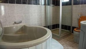 Une salle de bain avec une baignoire, des toilettes et une douche.