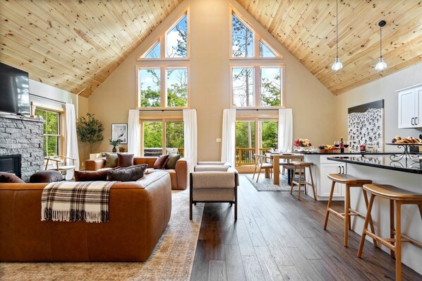 Smart TV, fireplace, foosball, books