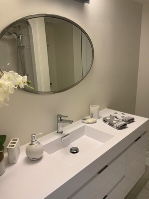 Shower, hair dryer, towels, toilet paper