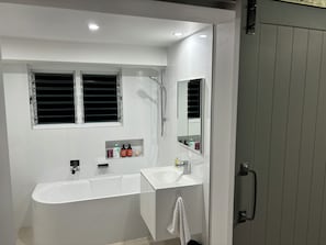 Hair dryer, towels, soap, toilet paper