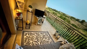 En balkon med sofa, fjernsyn og en dekorativ plante.