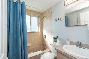 Hair dryer, bidet, towels, soap