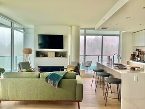 Smart TV, chimenea y libros 