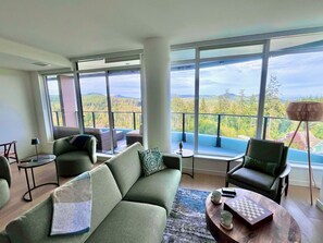 Smart TV, fireplace, books