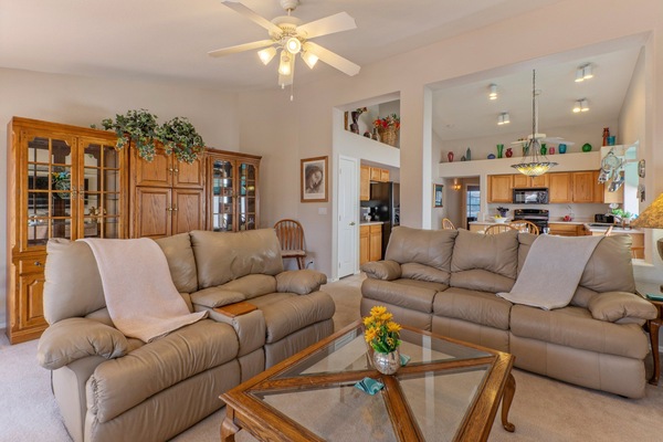 Open concept great room has a cozy gathering area.