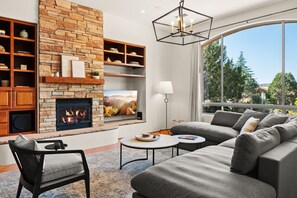 TV, fireplace - Luxe 4-BR Home: Spa, Red Rock Views, and A+ Trails (Sedona)