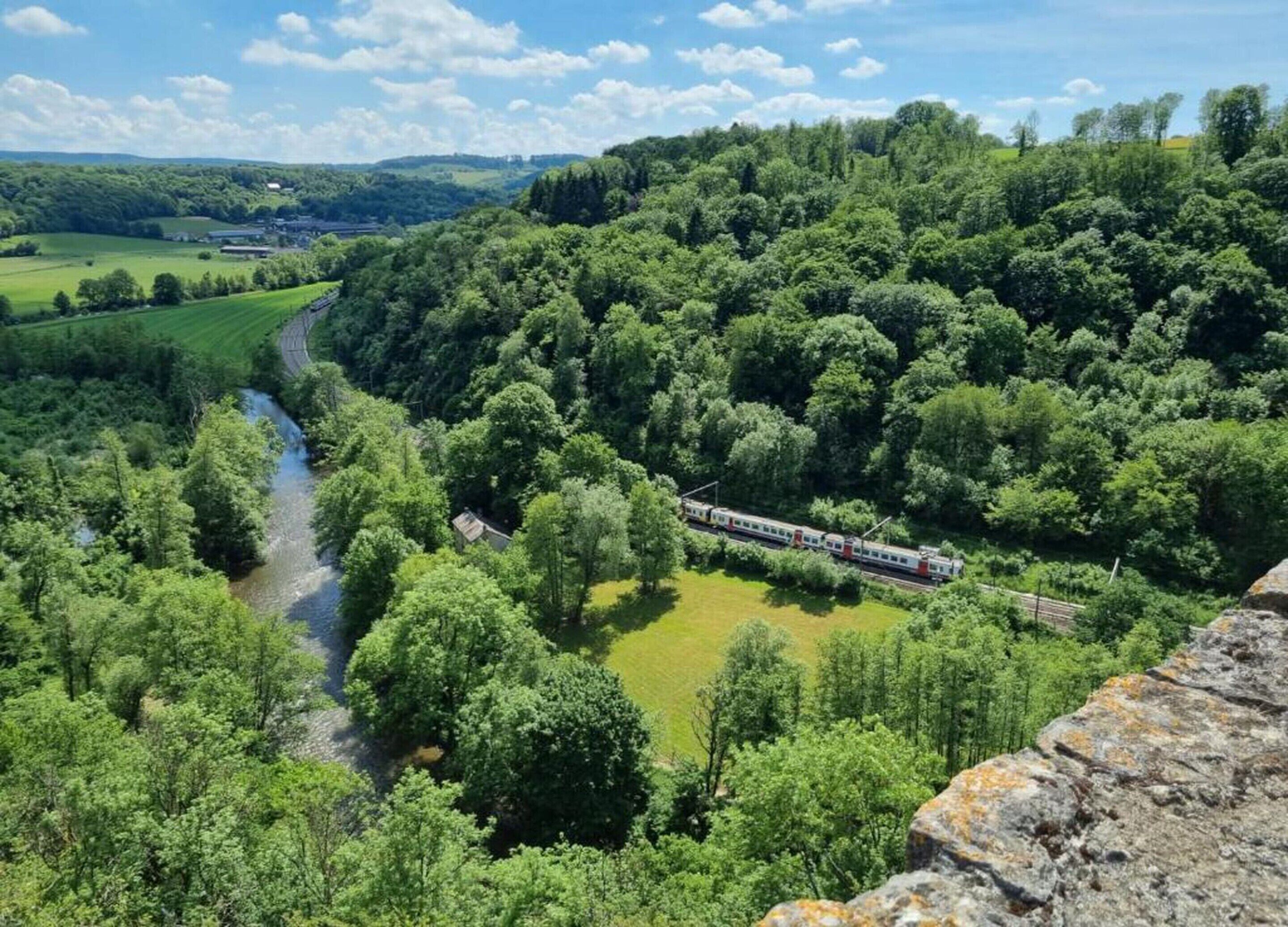 Una vista panoràmica d'un riu que serpenteja per una vall exuberanta, amb un bosc dens i un tren passant per un pont.