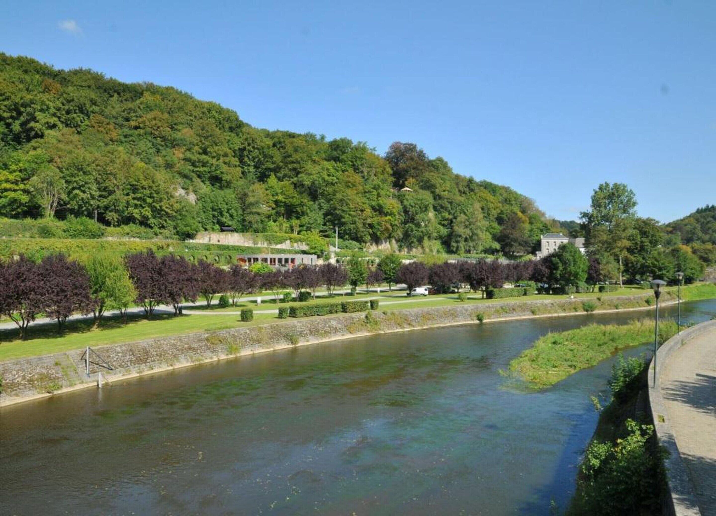 Un río con un puente, rodeado de abundante vegetación y edificios.