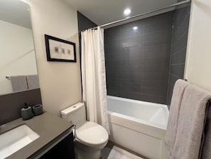 Hair dryer, towels, soap, shampoo