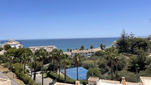 A coastal view with a clear blue sky, a basketball court surrounded by palm trees, and buildings in the background.