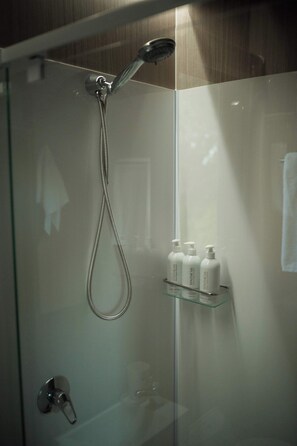 Douche, sèche-cheveux, serviettes fournies, shampoing