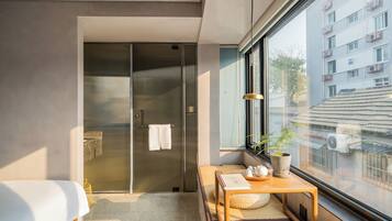 Individually decorated, desk, laptop workspace, blackout curtains