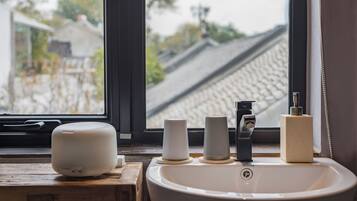 Individually decorated, desk, laptop workspace, blackout curtains