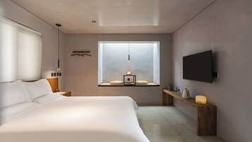 Individually decorated, desk, laptop workspace, blackout curtains