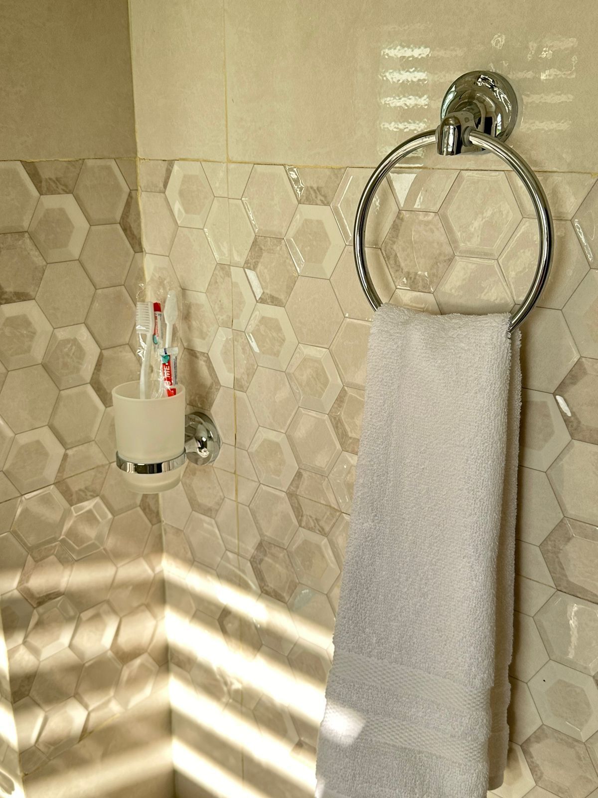 A bathroom with hexagonal tile walls, a towel ring, and a cup holder with toothbrushes.
