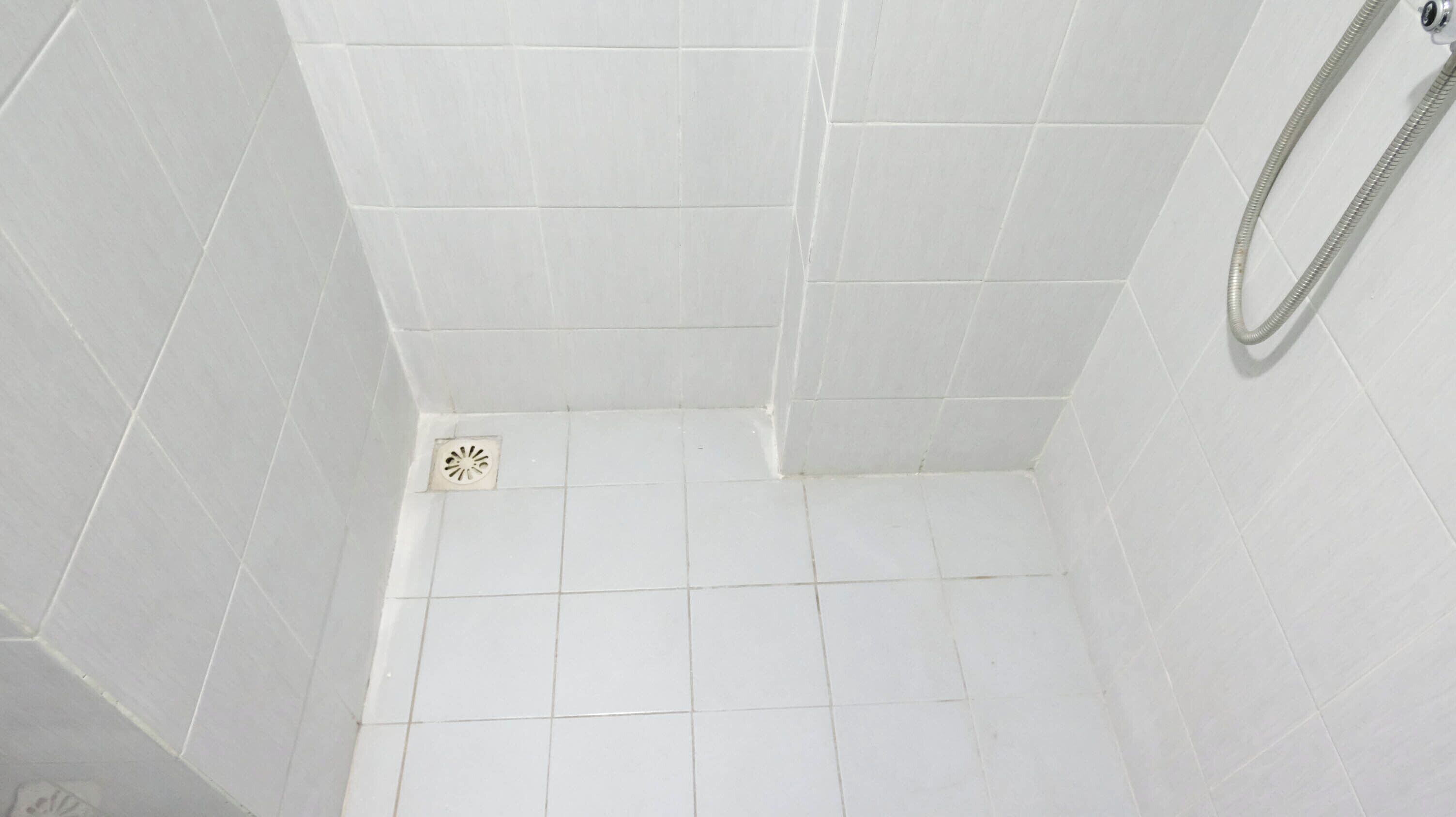 Un área de ducha con azulejos blancos, desagüe y manguera.
