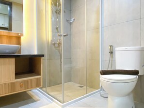 Bathroom features a glass-enclosed shower, handheld showerhead, and wall-mounted faucet, along with a toilet and a vanity with a sink and mirror.