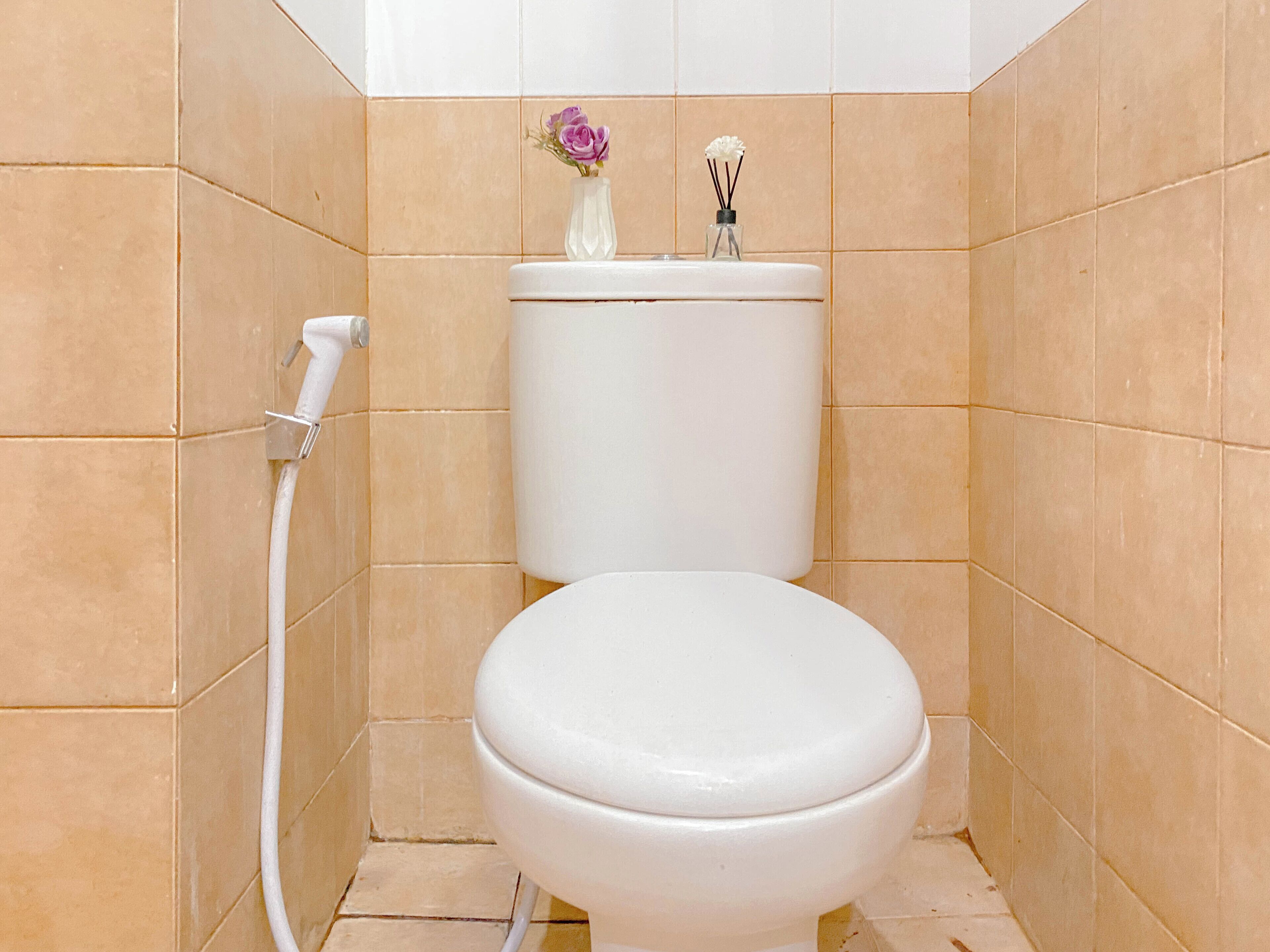 Une salle de bain avec des toilettes, un flexible de douche et un vase avec des fleurs accroché au mur.