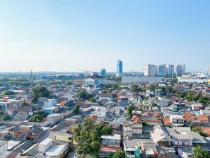 Urban landscape with a mix of modern and traditional buildings.