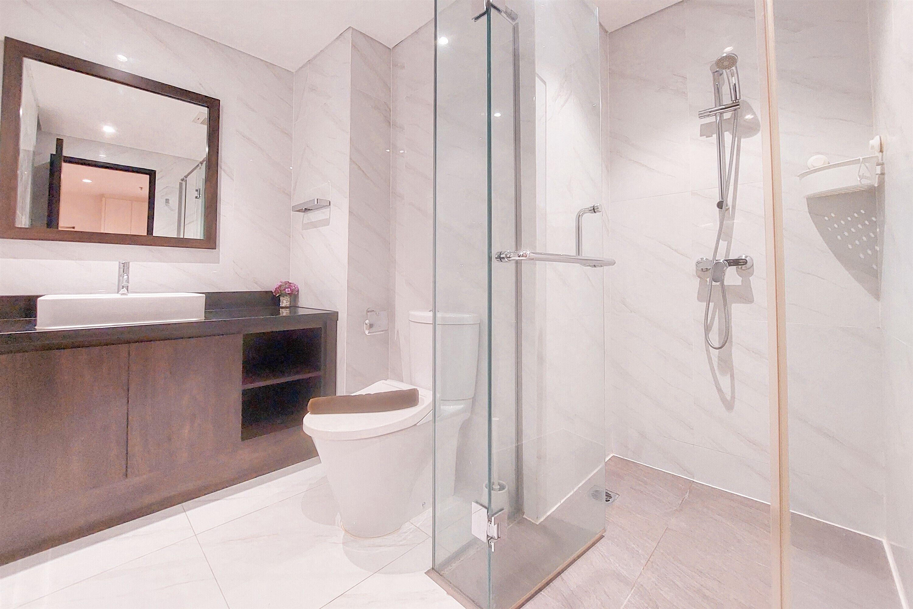 A modern bathroom with a glass-enclosed shower, a white toilet, and a dark-toned vanity with a mirror above it.
