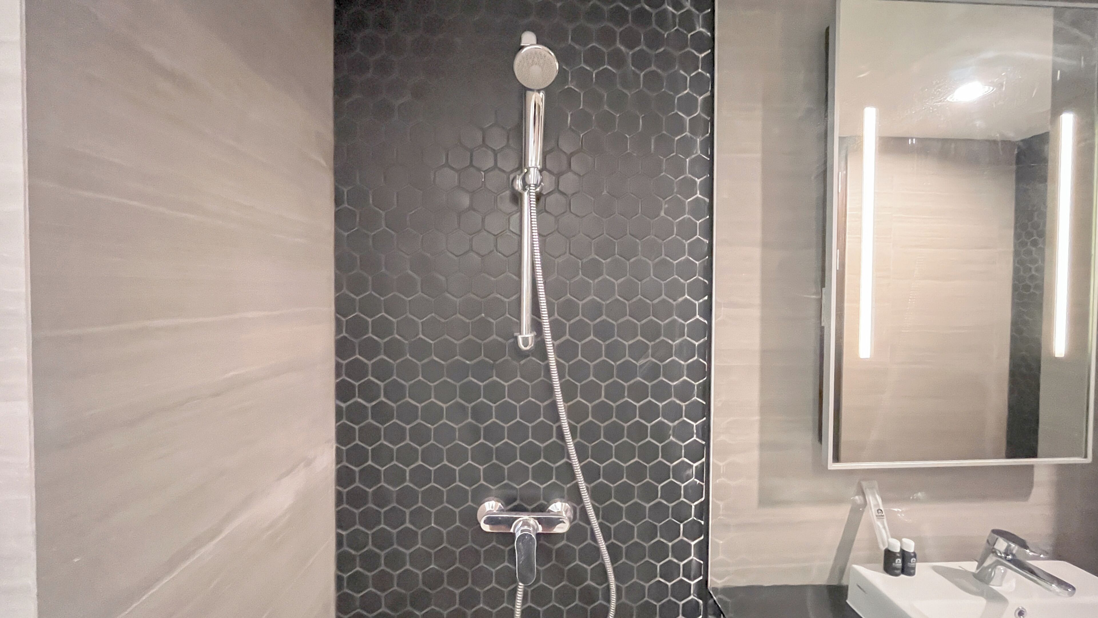 A modern bathroom with a shower, a sink, and a mirror.