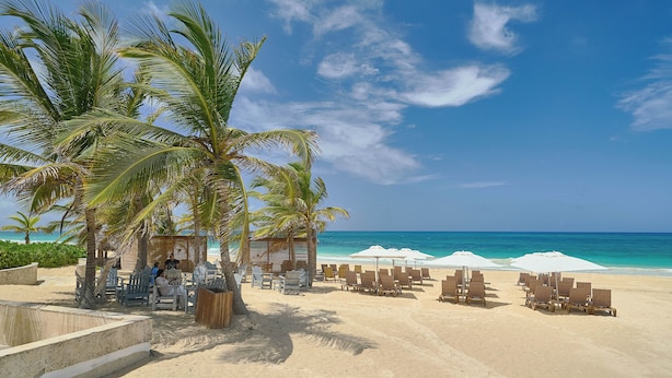 A beachside resort with palm trees, lounge chairs, and umbrellas. - Cana Rock Star - Golf - Piscina - Playa (Punta Cana)