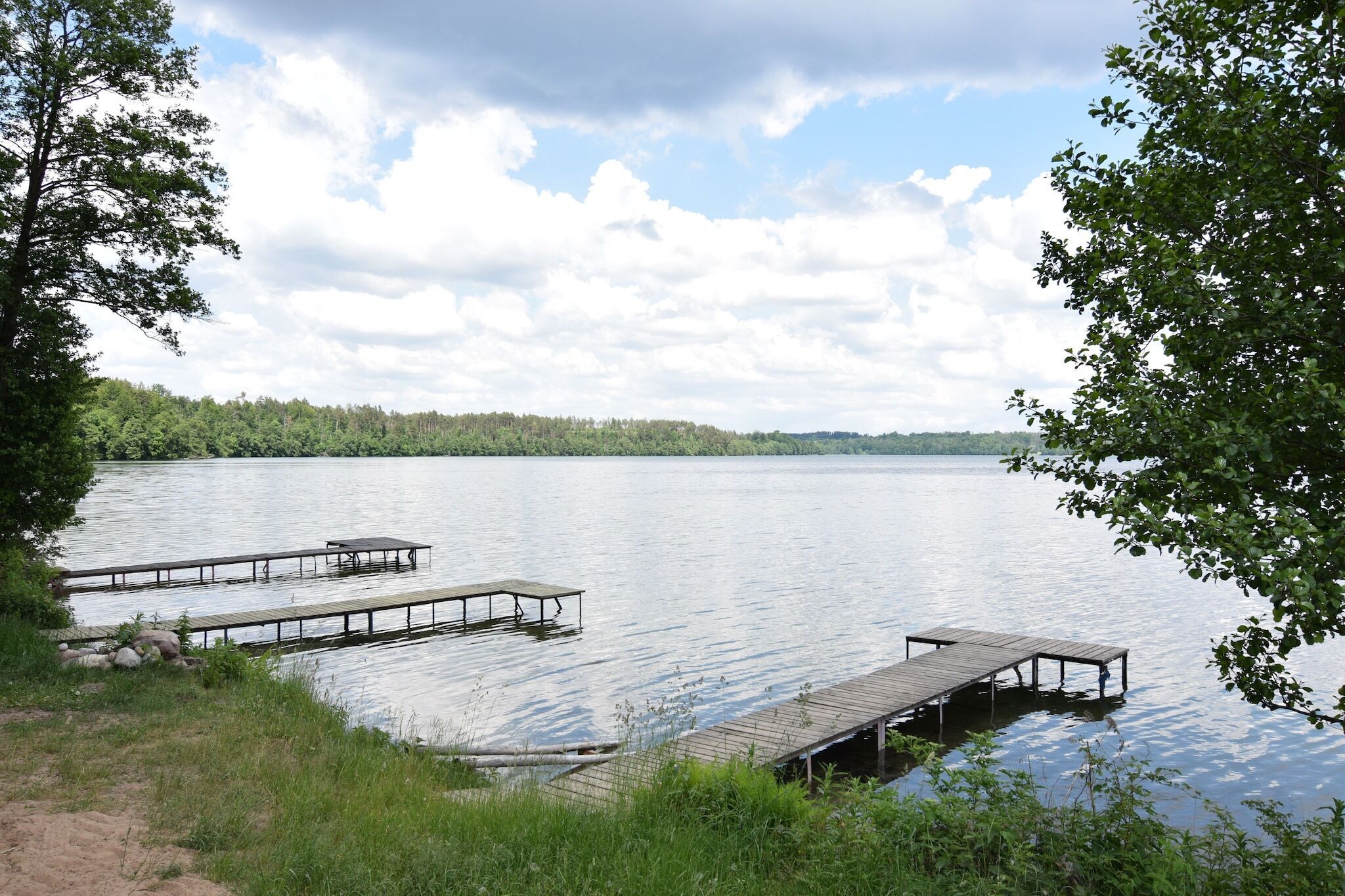 A lake with two wooden docks extending into the water, surrounded by trees and grassy areas.