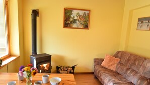 A cozy living room with a fireplace, a sofa, and a painting on the wall. - Holiday Home near Lake Mausz, Kashubia (Parchowo)
