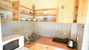 A compact kitchen with a microwave, sink, and a kettle on the countertop. - Holiday Home near Lake Mausz, Kashubia (Parchowo)