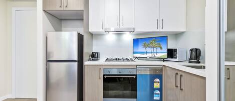 Fridge, microwave, oven, dishwasher