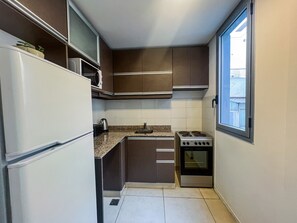 Fridge, microwave, oven, electric kettle