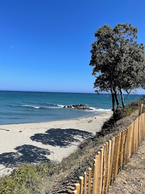 Une plage avec une clôture en bois, un arbre et l’océan.