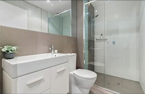 Hair dryer, towels, soap, shampoo