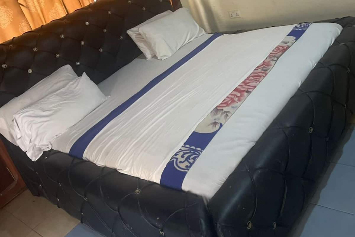 A bedroom with a large bed, a headboard, a window with curtains, an air conditioning unit, and a painting on the wall.