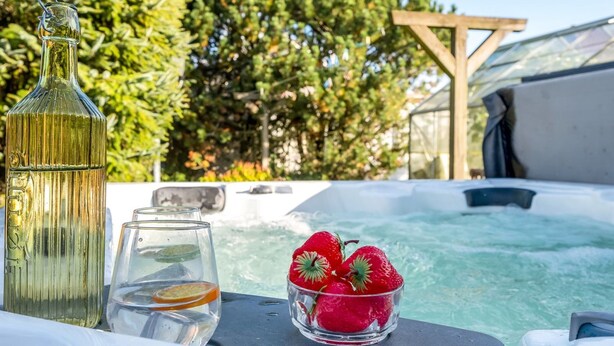 A hot tub with a glass of water and a bottle of white wine, surrounded by greenery. - "Billa" - 450m from the sea by Interhome (Blåvand)