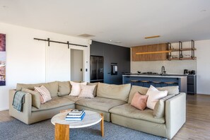 Smart TV, fireplace, books, stereo