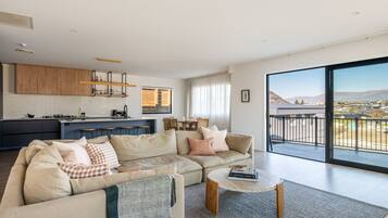 Smart TV, fireplace, books, stereo