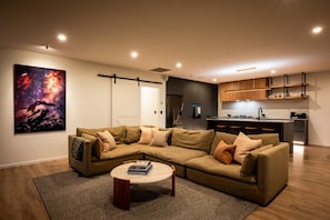 Smart TV, fireplace, books, stereo