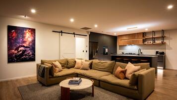 TV connectée, cheminée, livres, chaîne hi-fi