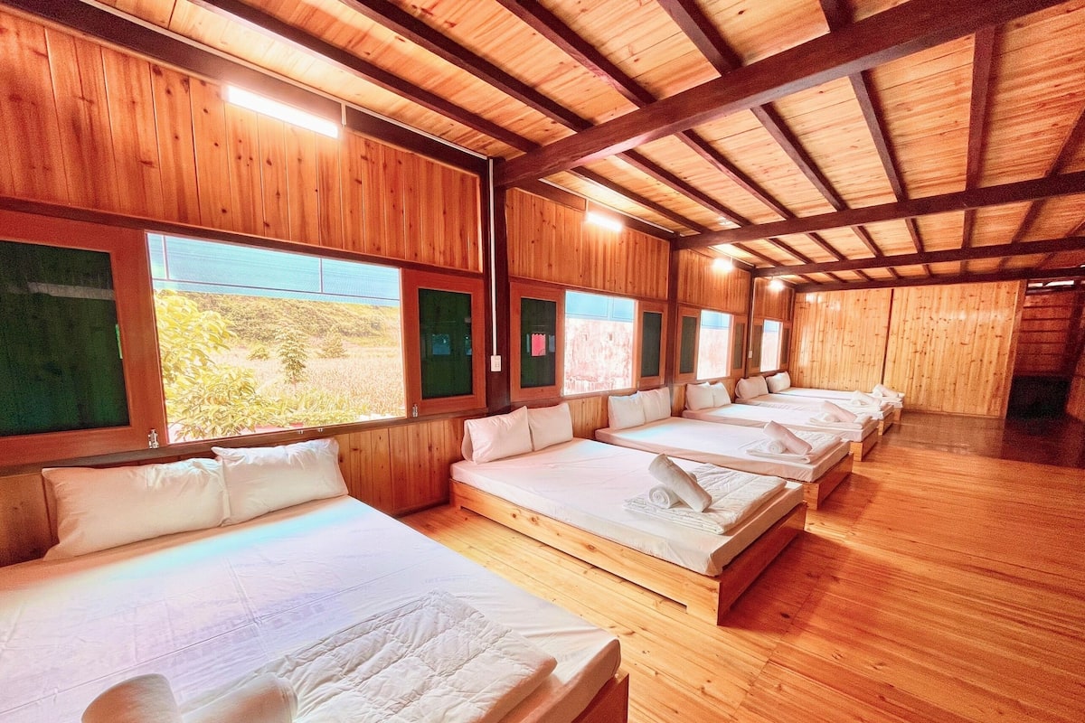 Une rangée de lits en bois, recouverts de draps blancs, dans une pièce aménagée comme une cabane, avec de grandes fenêtres.