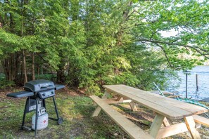 A picnic table and a portable grill near a lake surrounded by trees. - Charming Pet Friendly Lakeside Escape with Cozy Comfort and a Private Dock (Moultonborough)