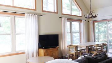 Smart TV, fireplace, video games, DVD player