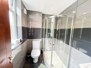 Hair dryer, towels, soap, shampoo