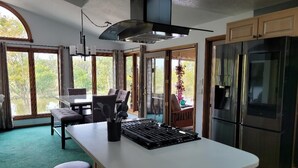 A modern kitchen with a central island, stainless steel appliances, and large windows offering a view of the outdoors. - Dock, Deck and Game Room (Perrysburg)