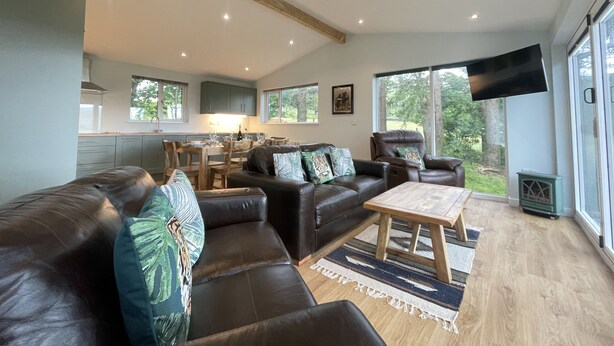 A spacious living area with a brown leather sofa, a wooden coffee table, and a TV mounted on the wall. - Swallows Lodge - Modern accommodation with breathtaking views (Keswick)