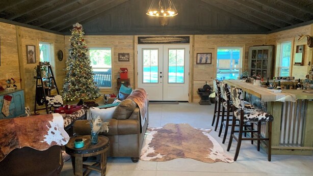 A rustic interior with a leather sofa, a Christmas tree, a cowhide rug, and a bar area with stools. - Charming farmhouse in delightful Brantley with AC (Brantley)