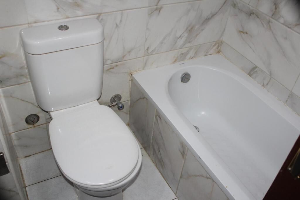 A bathroom with a toilet and a bathtub.