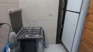 Une cuisine de taille réduite, équipée d’une cuisinière à gaz, d’un petit évier et d’un placard.
